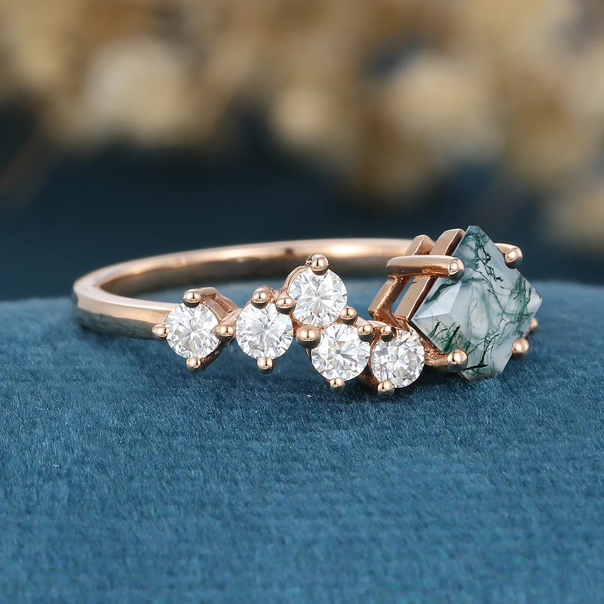Princess cut Moss Agate Matching Moissanite | Diamonds Gold Engagement Ring - Image 4