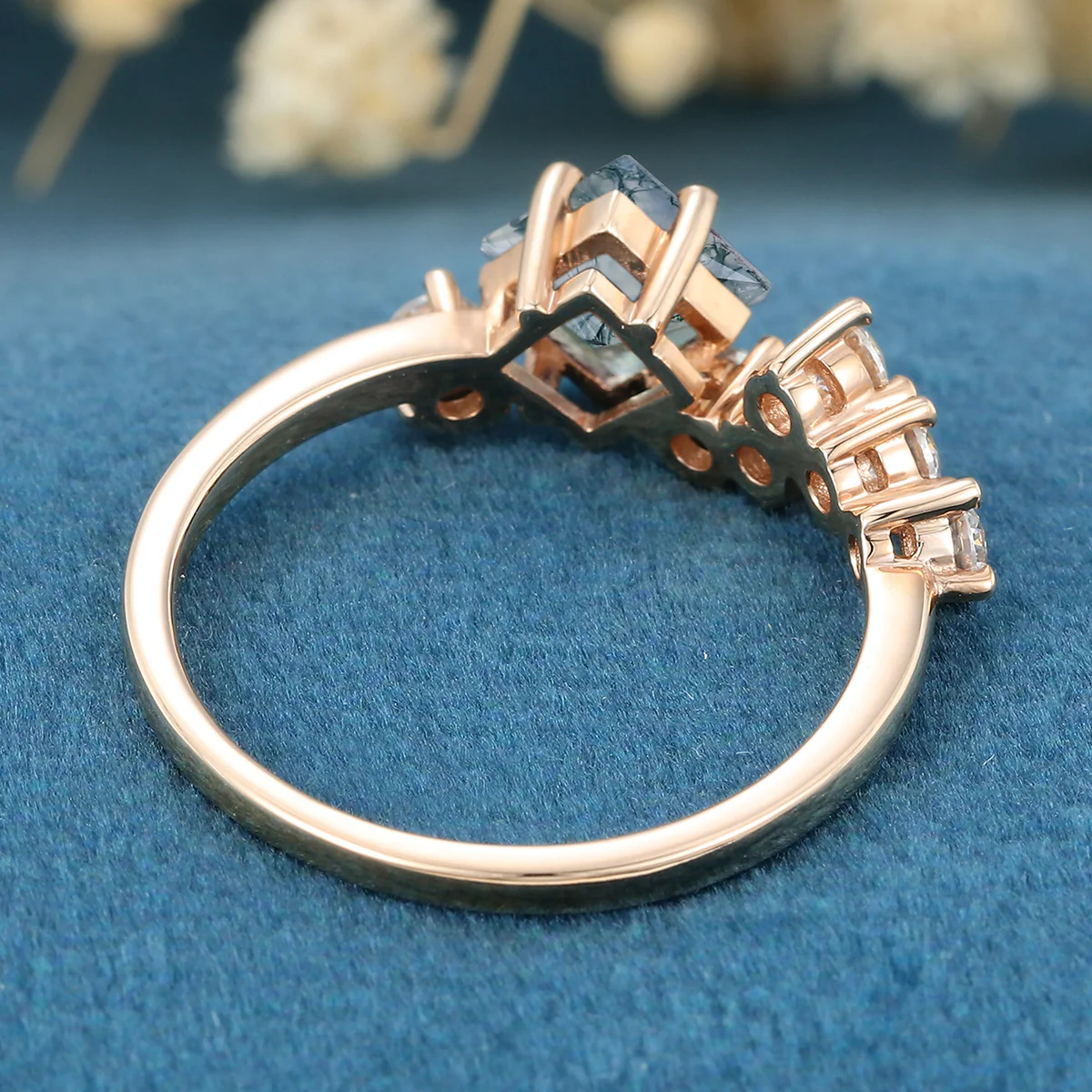 Princess cut Moss Agate Matching Moissanite | Diamonds Gold Engagement Ring - Image 6