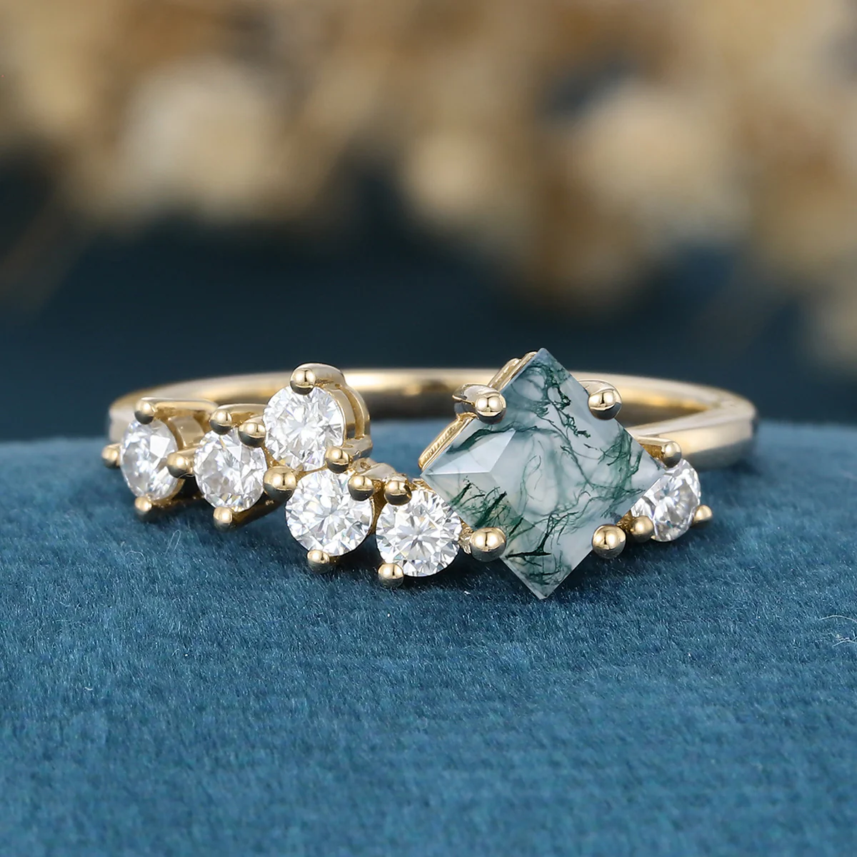 Princess cut Moss Agate Matching Moissanite | Diamonds Gold Engagement Ring - Image 8