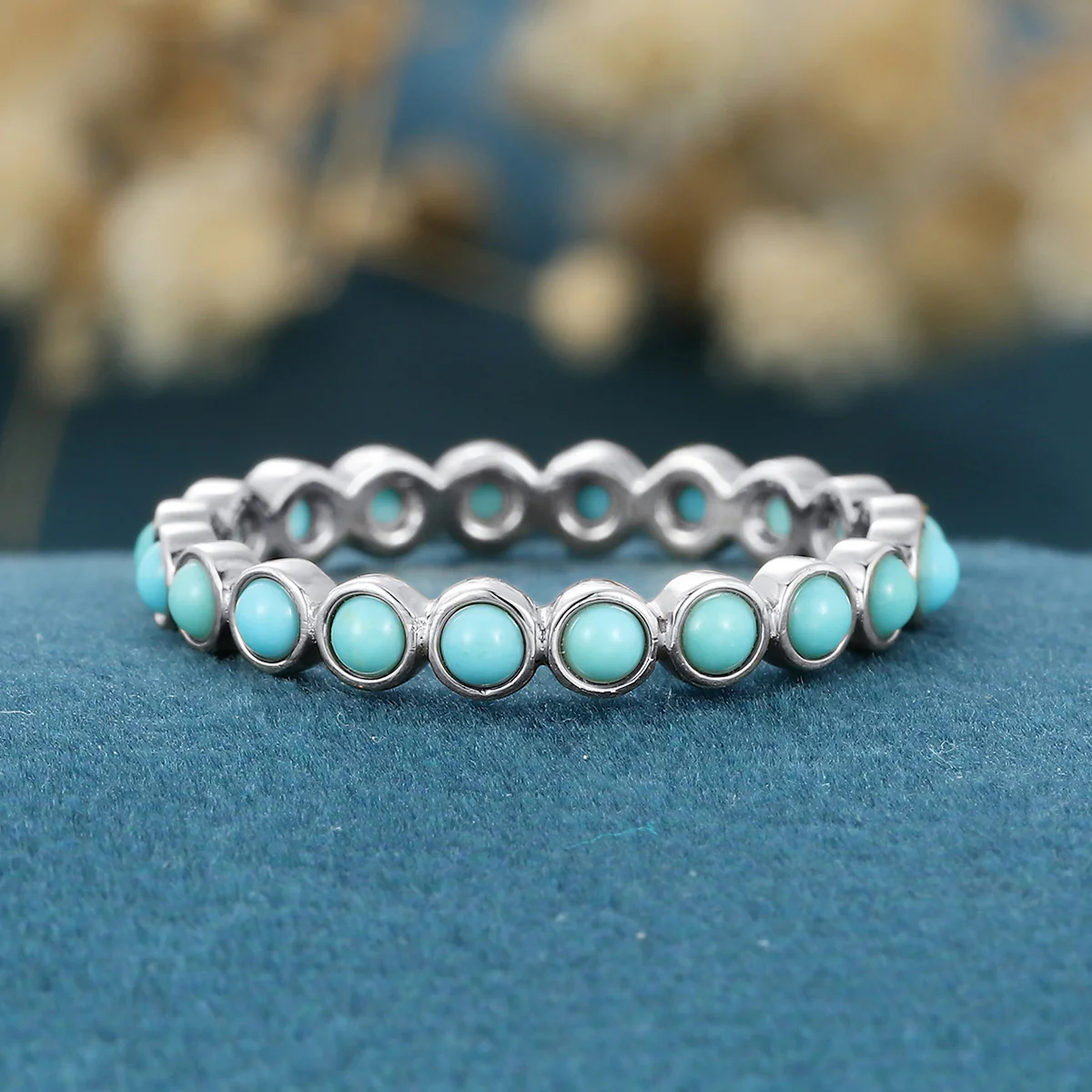 Bezel setting Round cut Turquoise Full Eternity Gold Wedding Band - Image 10