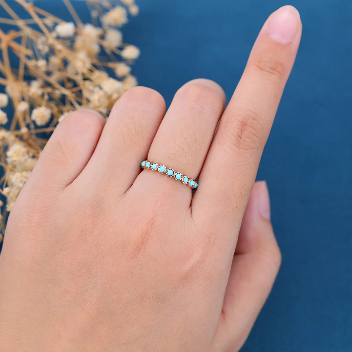 Bezel setting Round cut Turquoise Full Eternity Gold Wedding Band - Image 2