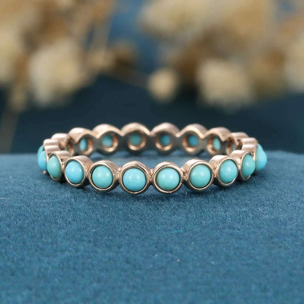 Bezel setting Round cut Turquoise Full Eternity Gold Wedding Band - Image 6