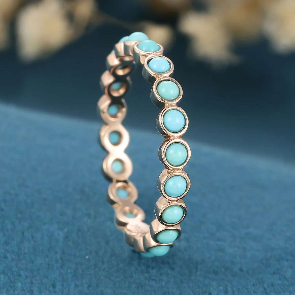 Bezel setting Round cut Turquoise Full Eternity Gold Wedding Band - Image 7