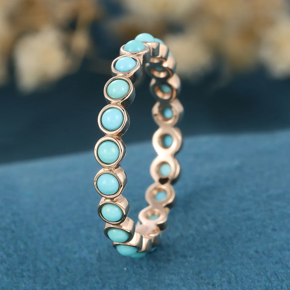 Bezel setting Round cut Turquoise Full Eternity Gold Wedding Band - Image 8