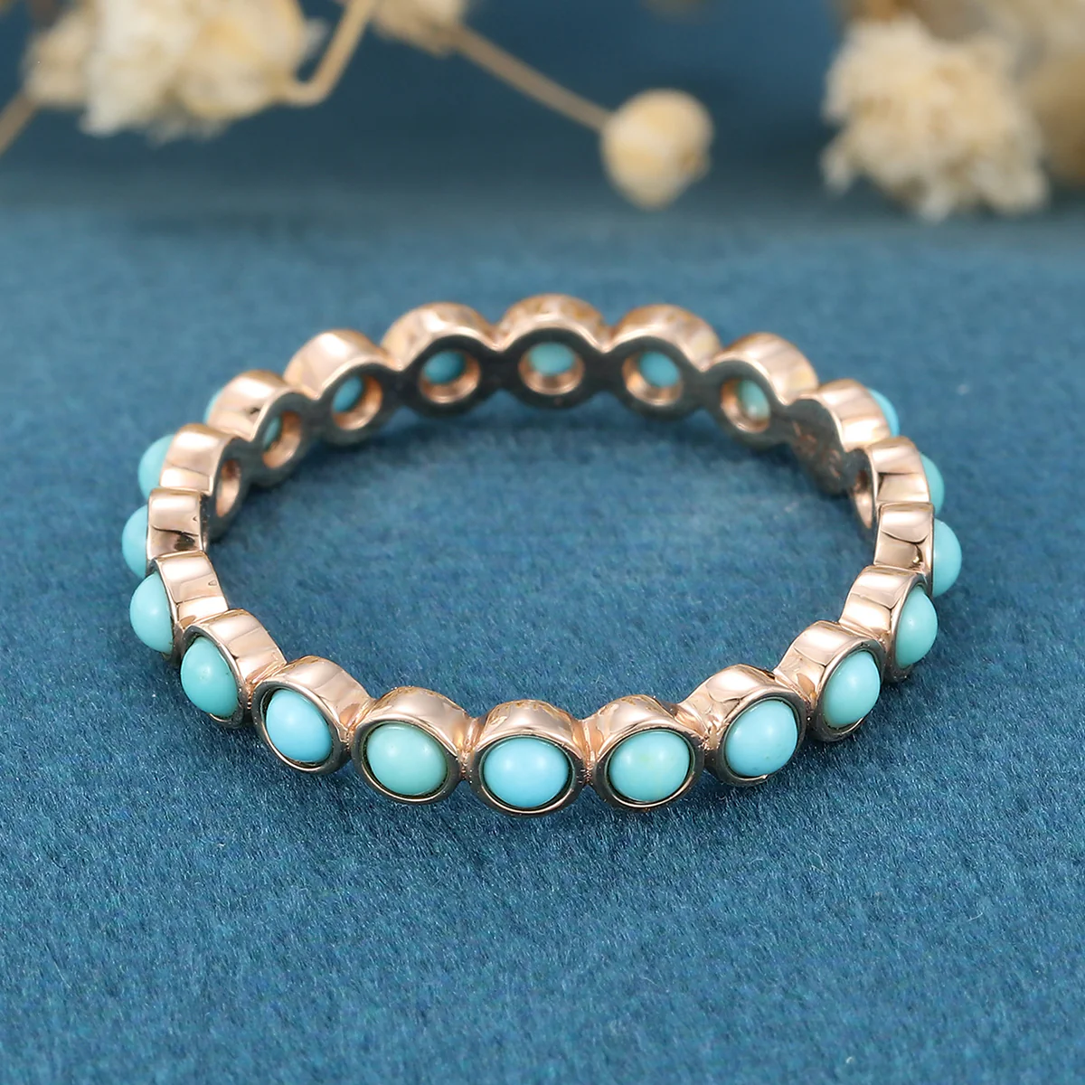 Bezel setting Round cut Turquoise Full Eternity Gold Wedding Band - Image 9