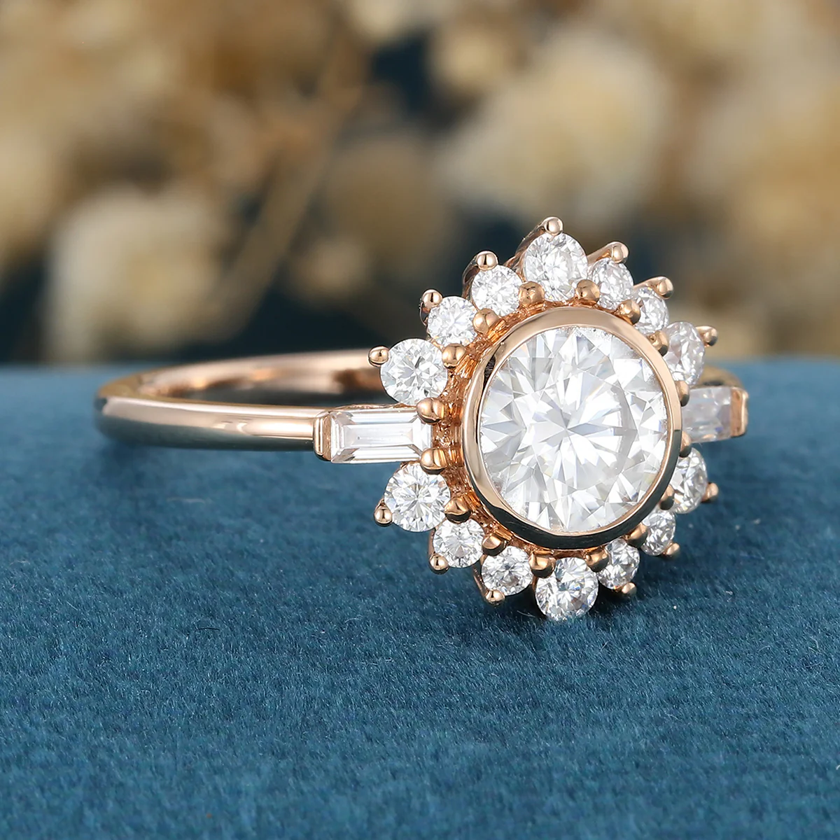 Bezel setting Round cut Moissantie Halo Gold Engagement Ring - Image 4