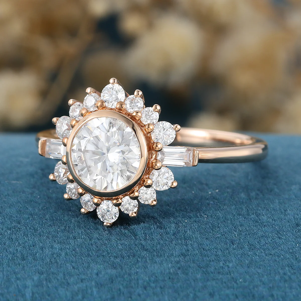 Bezel setting Round cut Moissantie Halo Gold Engagement Ring - Image 5