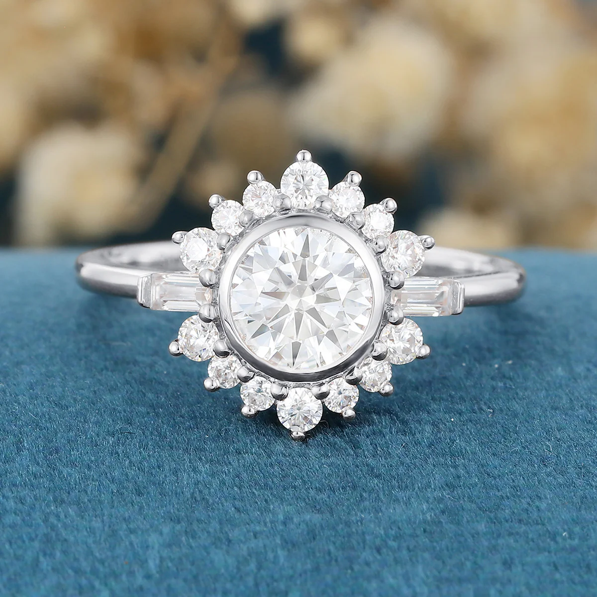 Bezel setting Round cut Moissantie Halo Gold Engagement Ring - Image 7