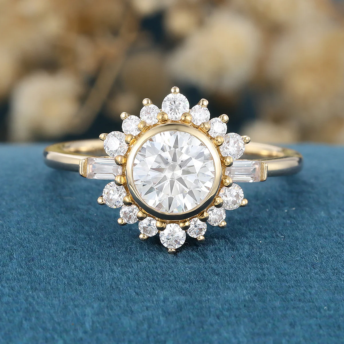 Bezel setting Round cut Moissantie Halo Gold Engagement Ring - Image 8