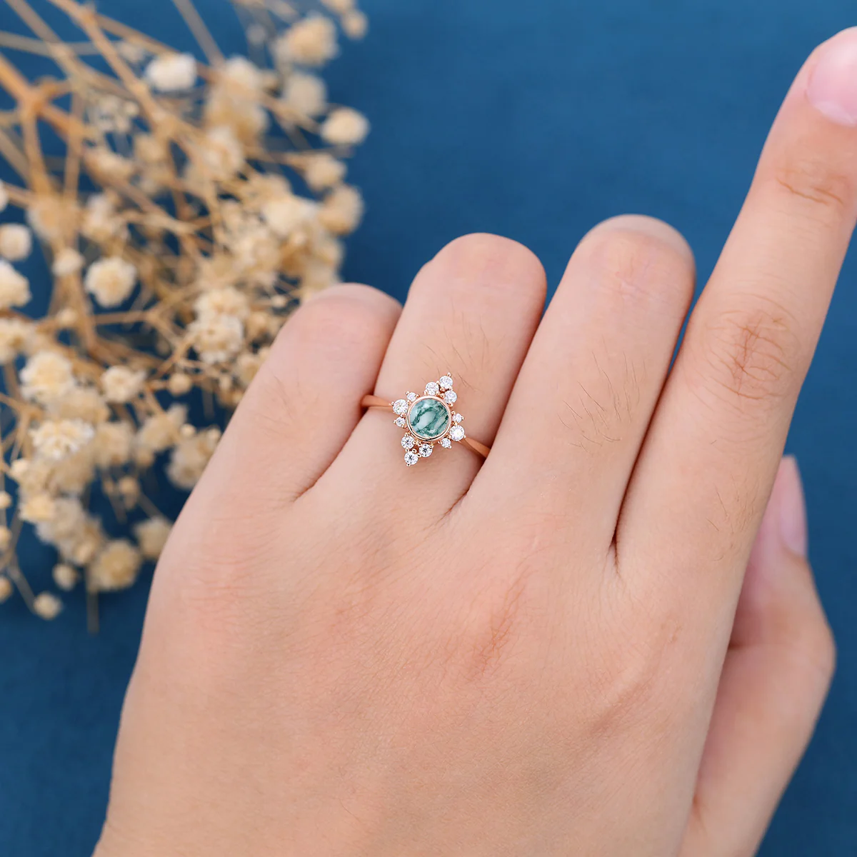 Bezel setting Round cut Moss Agate Halo inlaid Gold Engagement Ring - Image 2