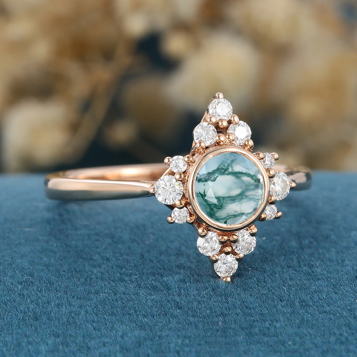 Bezel setting Round cut Moss Agate Halo inlaid Gold Engagement Ring - Image 4