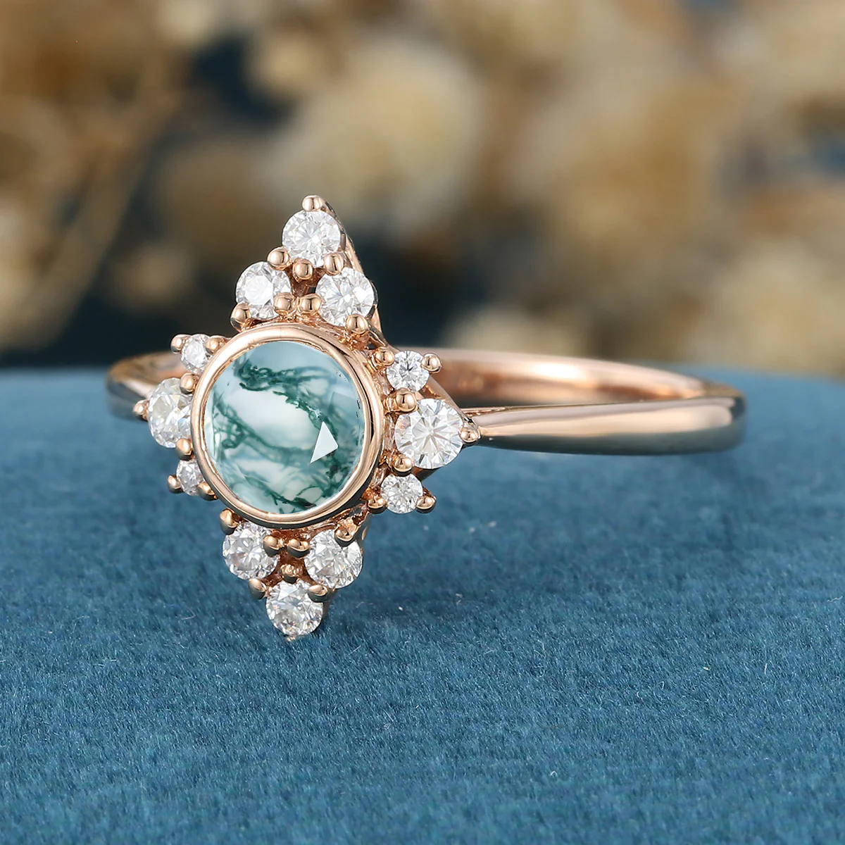 Bezel setting Round cut Moss Agate Halo inlaid Gold Engagement Ring - Image 5