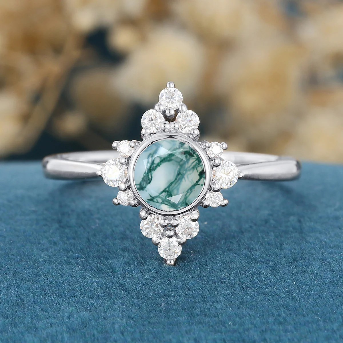 Bezel setting Round cut Moss Agate Halo inlaid Gold Engagement Ring - Image 6