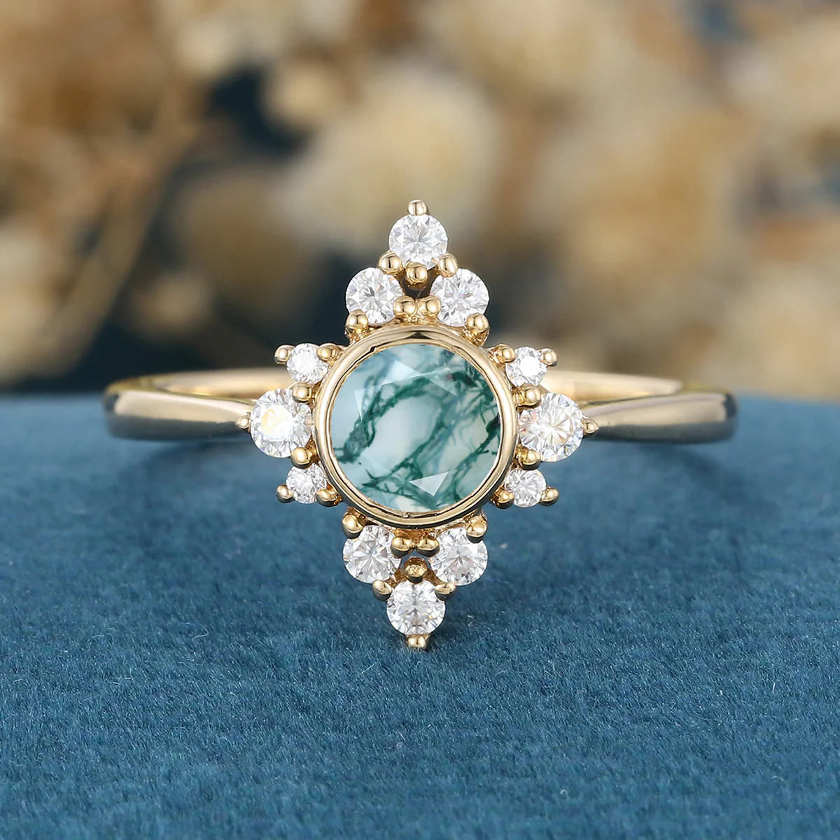 Bezel setting Round cut Moss Agate Halo inlaid Gold Engagement Ring - Image 7