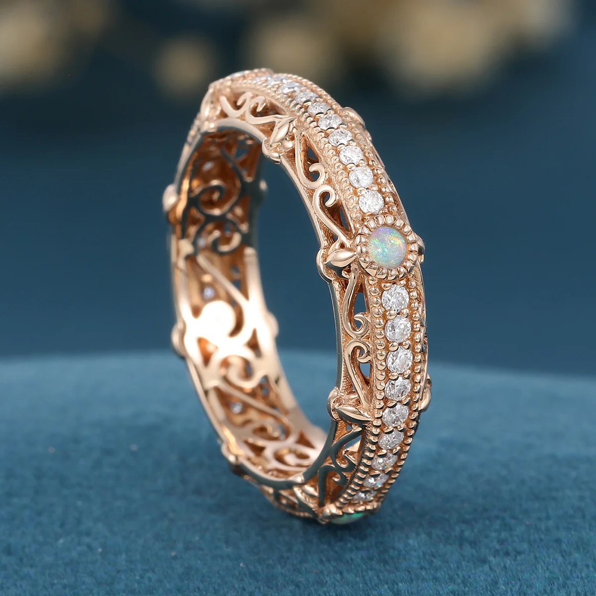 Bezel setting Round cut Opal Full Eternity Gold Wedding Band - Image 2