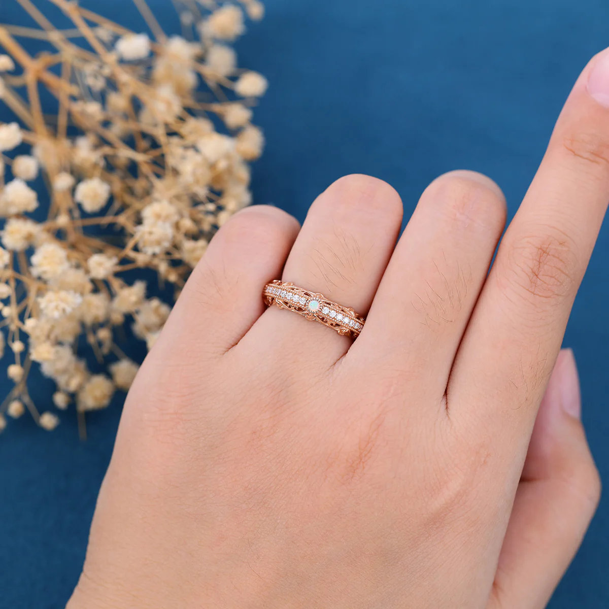 Bezel setting Round cut Opal Full Eternity Gold Wedding Band - Image 3