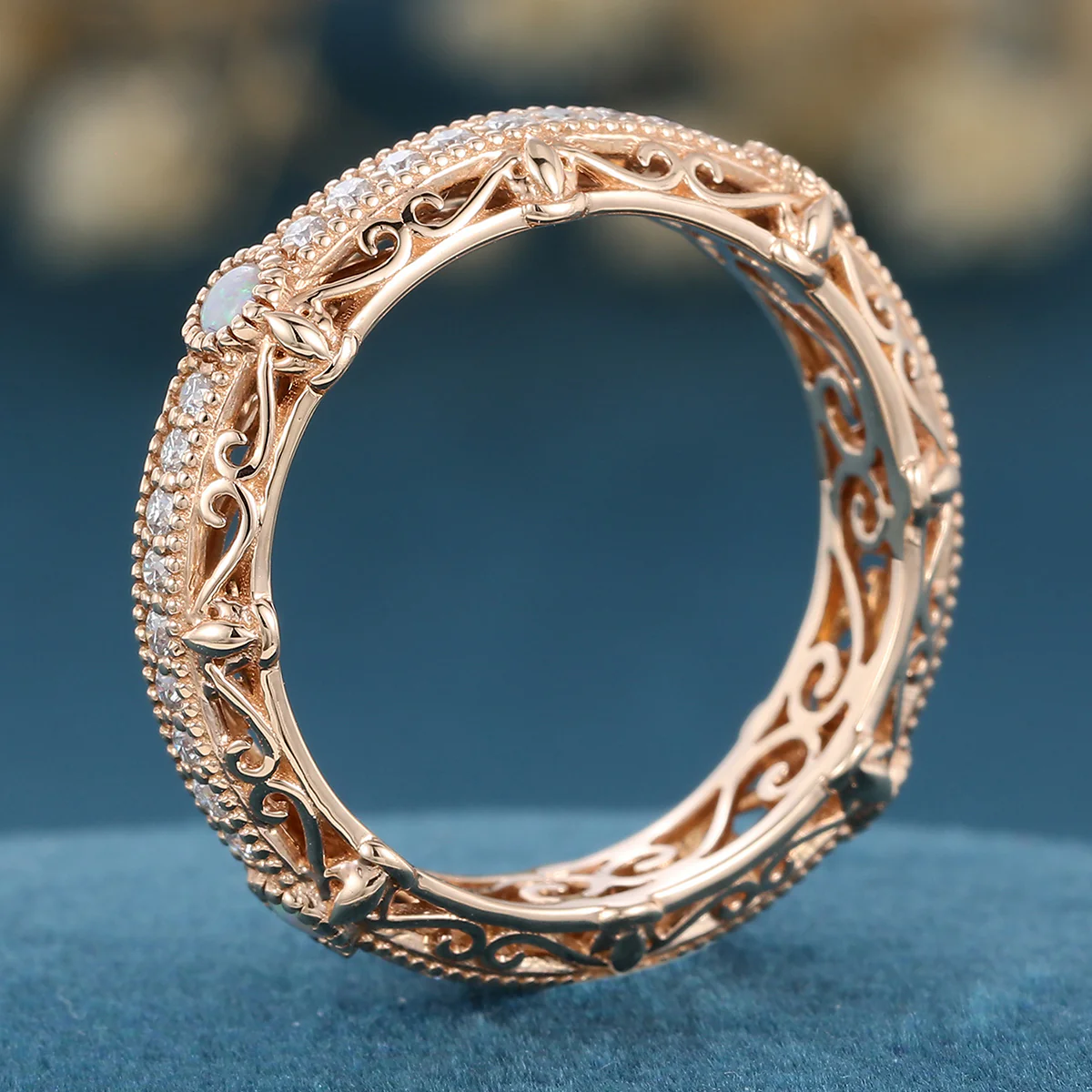 Bezel setting Round cut Opal Full Eternity Gold Wedding Band - Image 4
