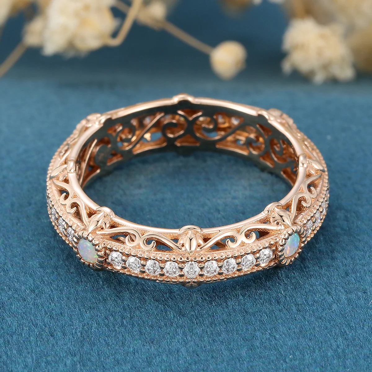 Bezel setting Round cut Opal Full Eternity Gold Wedding Band - Image 6