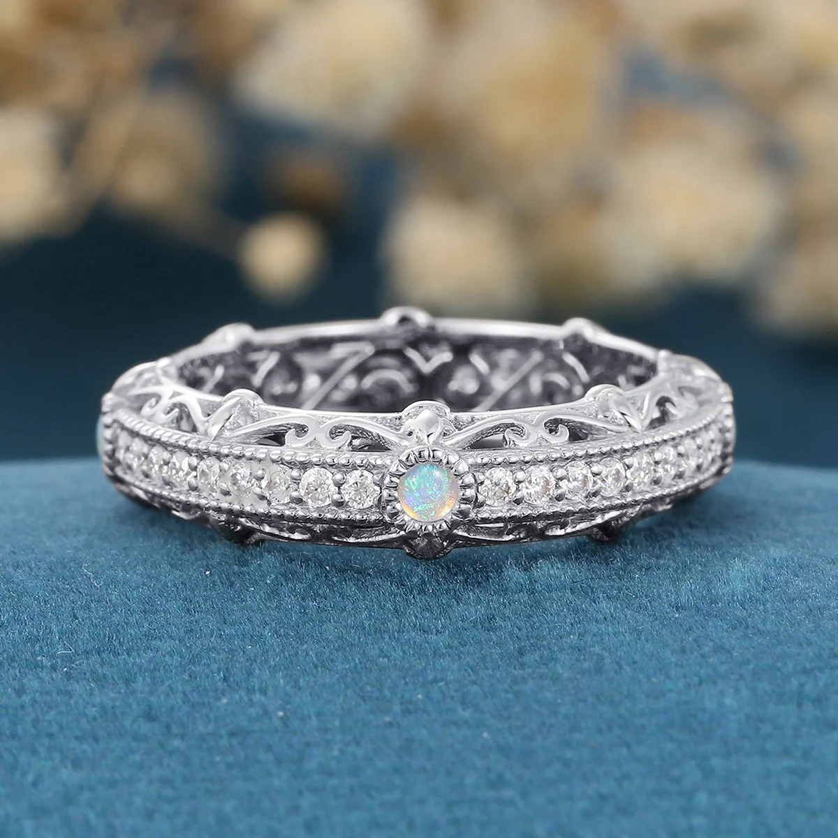 Bezel setting Round cut Opal Full Eternity Gold Wedding Band - Image 7