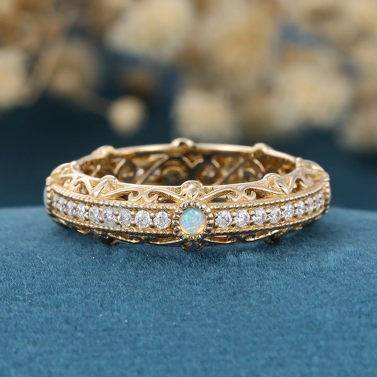 Bezel setting Round cut Opal Full Eternity Gold Wedding Band - Image 8