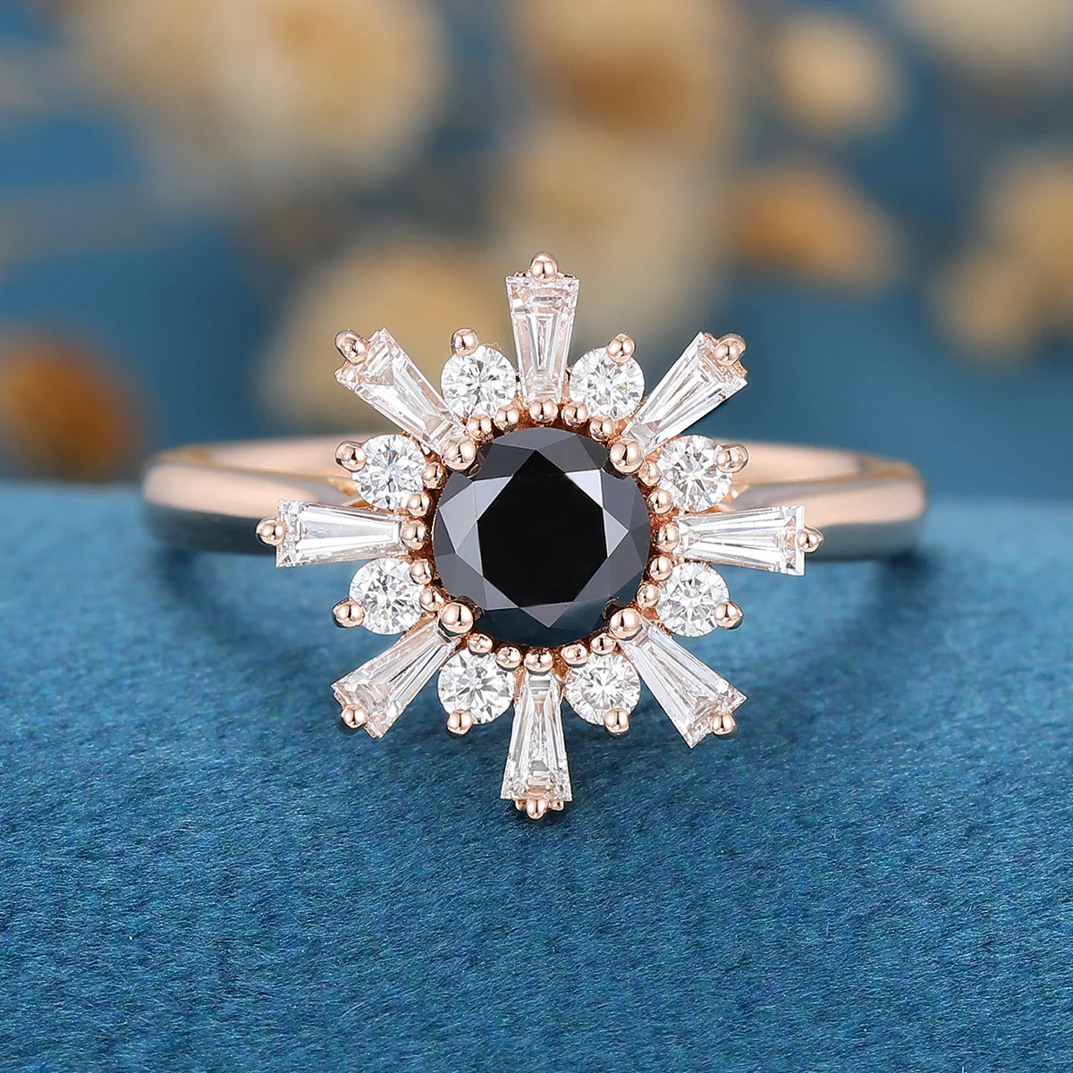 Round Black Onyx | Diamond Flower Baguette Engagement ring - Image 3