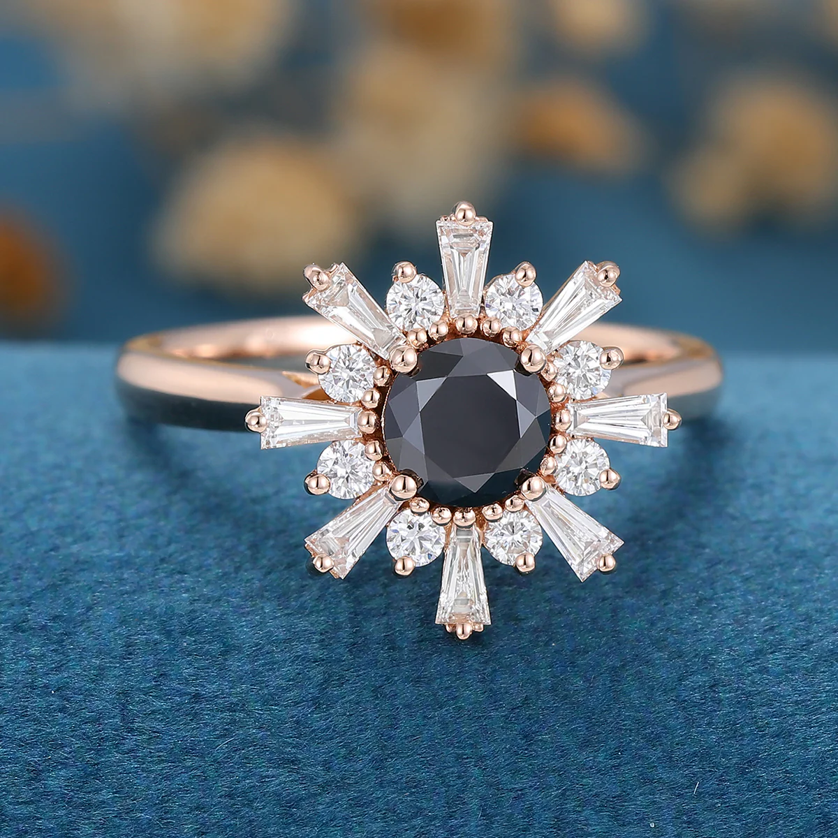 Round Black Onyx | Diamond Flower Baguette Engagement ring - Image 4
