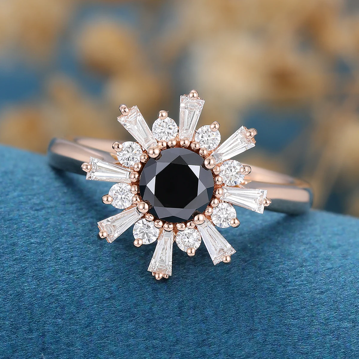 Round Black Onyx | Diamond Flower Baguette Engagement ring - Image 5