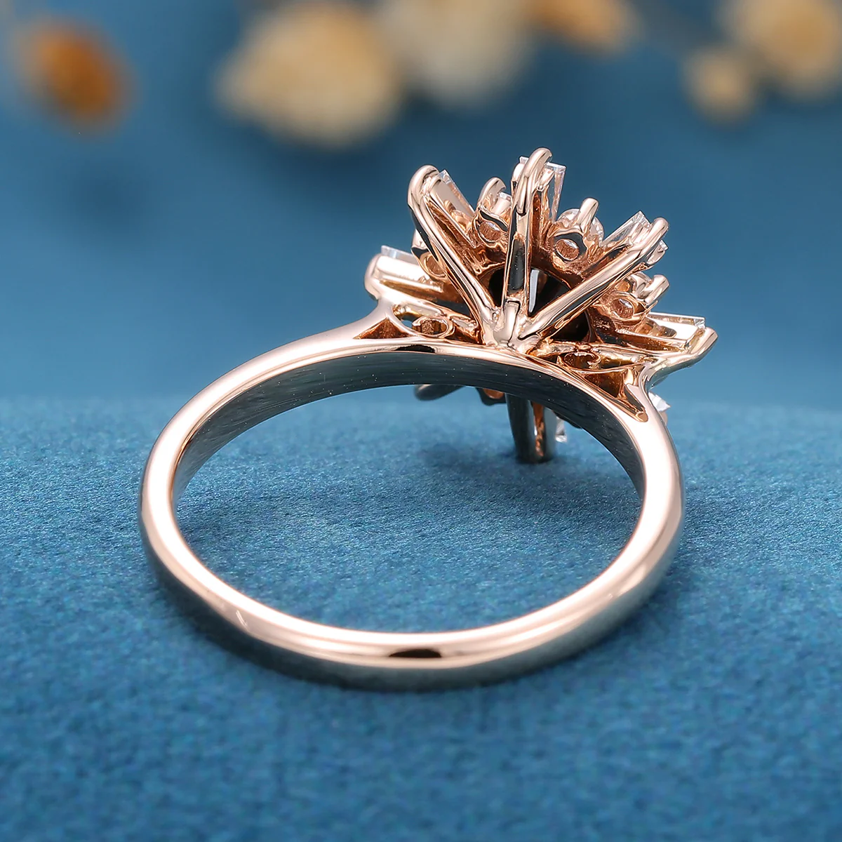 Round Black Onyx | Diamond Flower Baguette Engagement ring - Image 6
