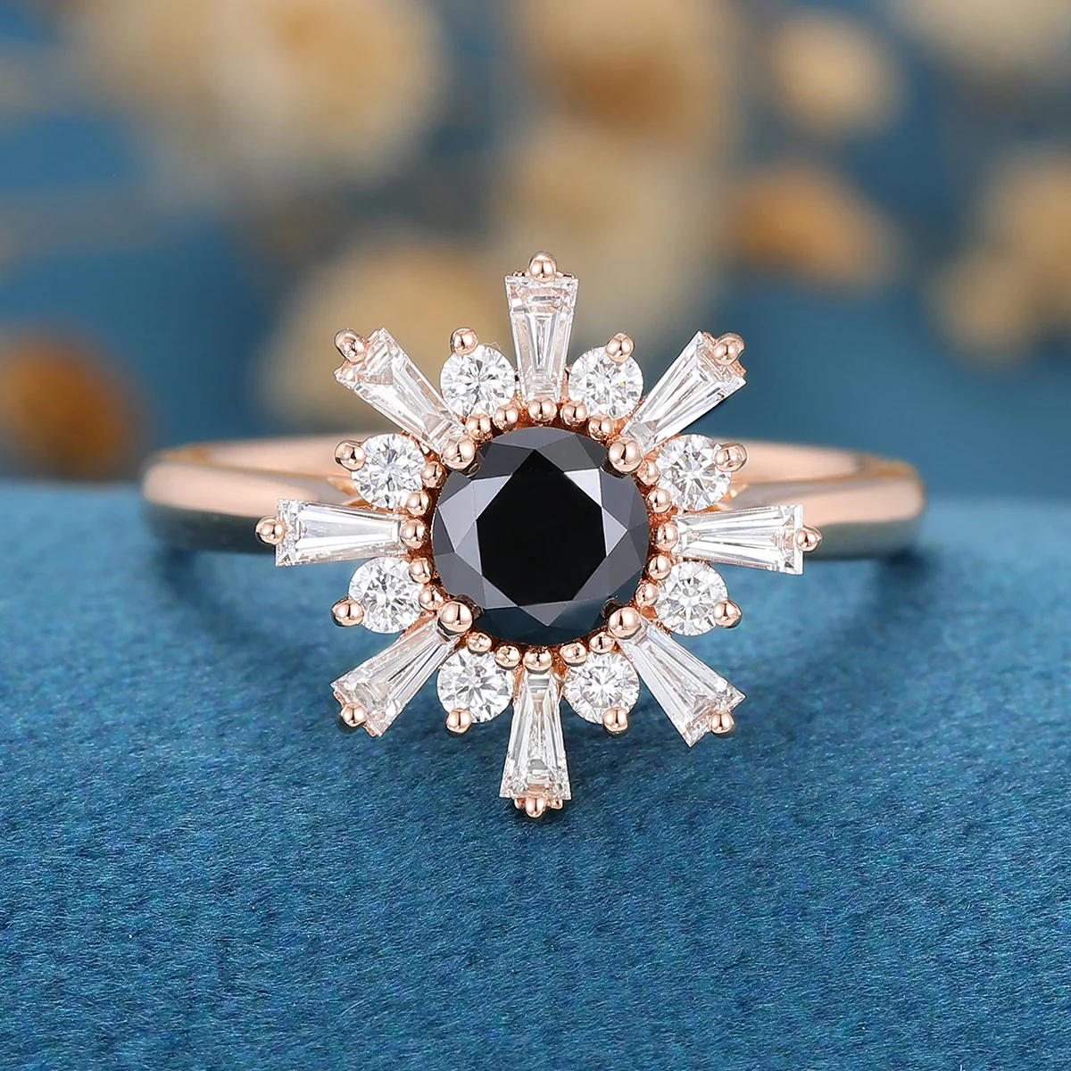 Round Black Onyx | Diamond Flower Baguette Engagement ring - Image 7