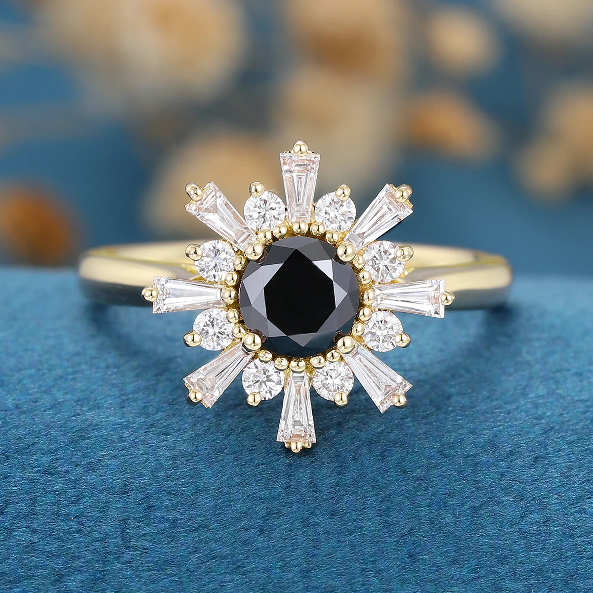 Round Black Onyx | Diamond Flower Baguette Engagement ring - Image 8