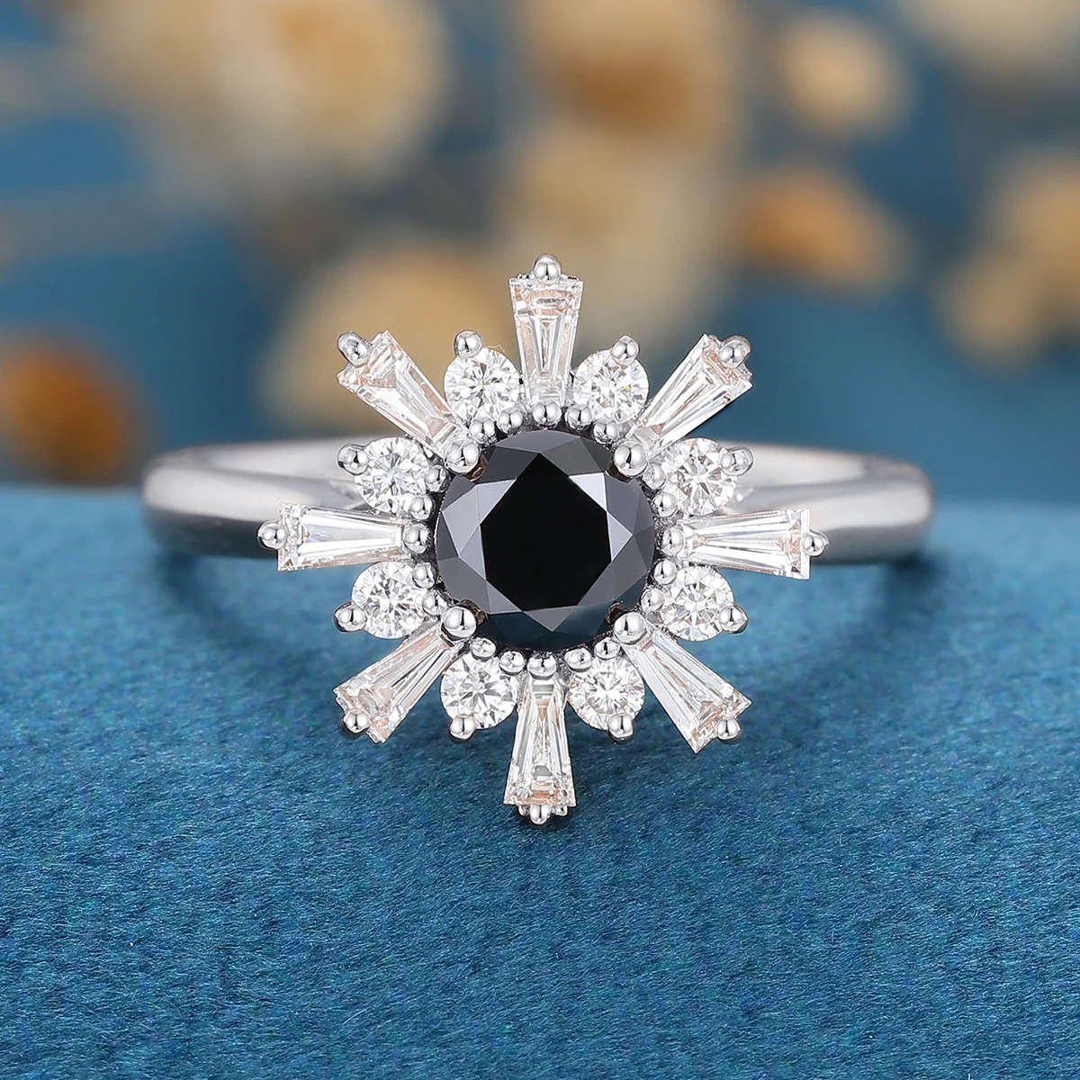 Round Black Onyx | Diamond Flower Baguette Engagement ring - Image 9