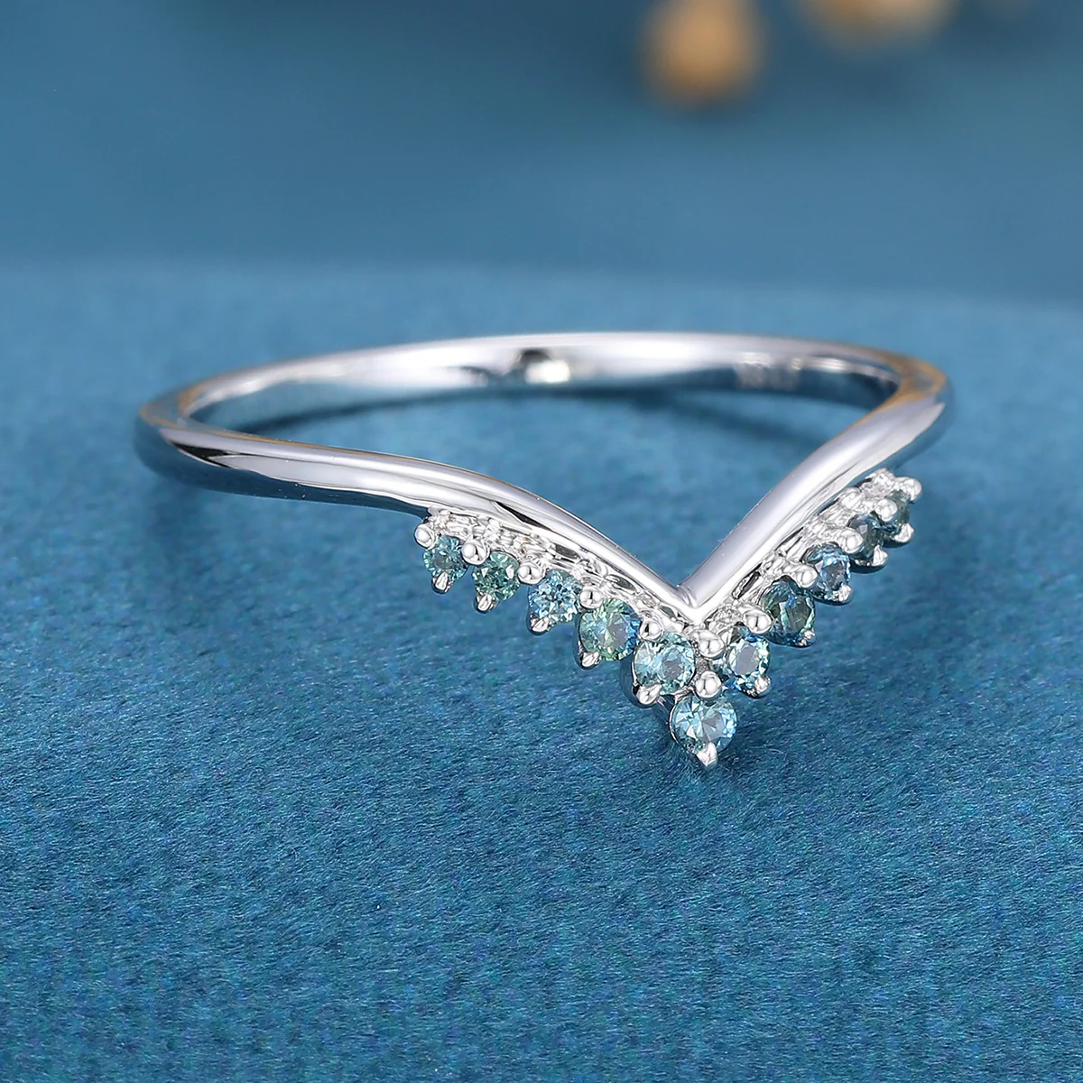 Blue-Green Sapphire Curved Wedding Band Ring - Image 5