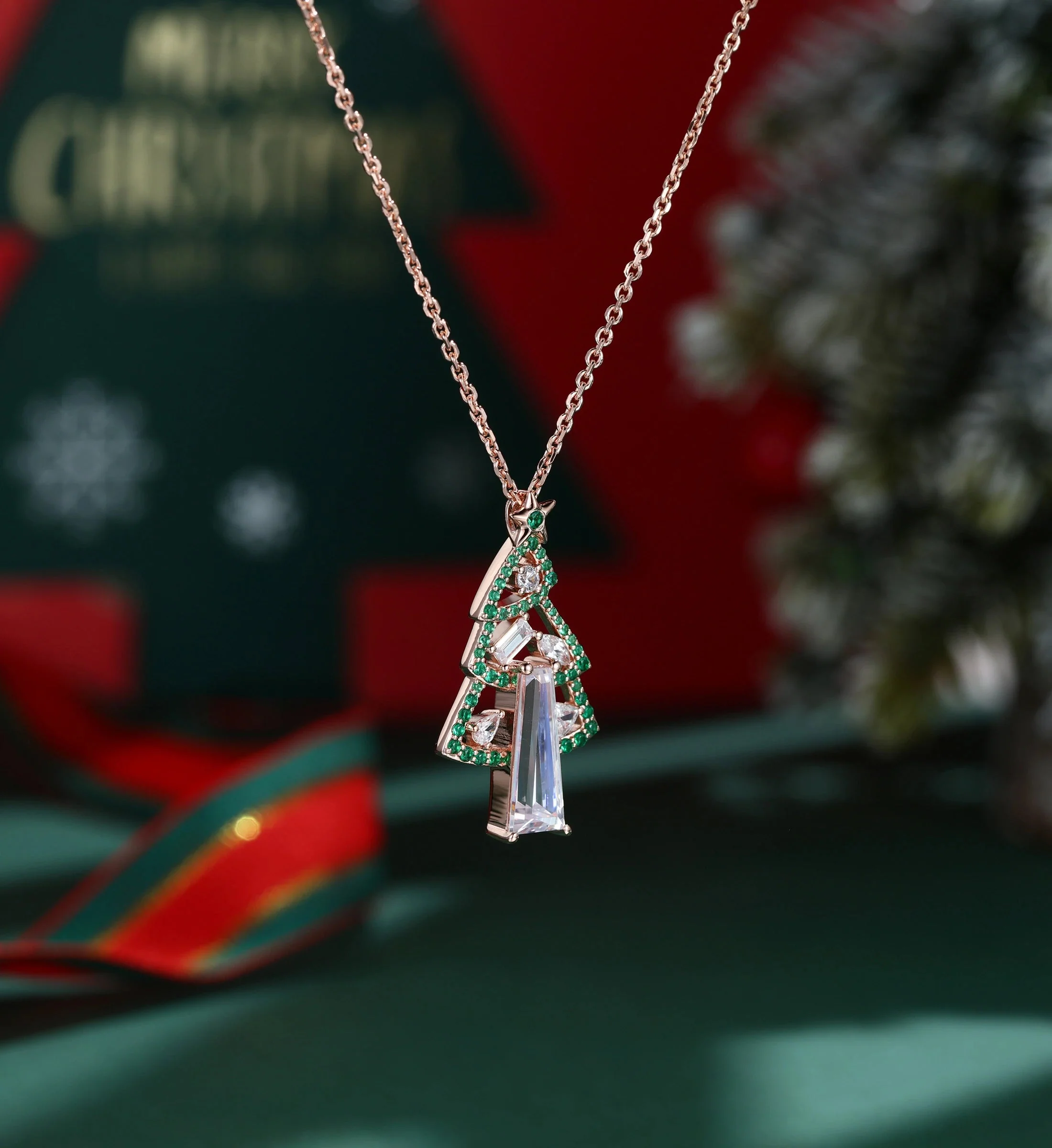 Christmas Tree Pendant Necklace with Moissanite + Lab Emerald Halo Accents - Image 3