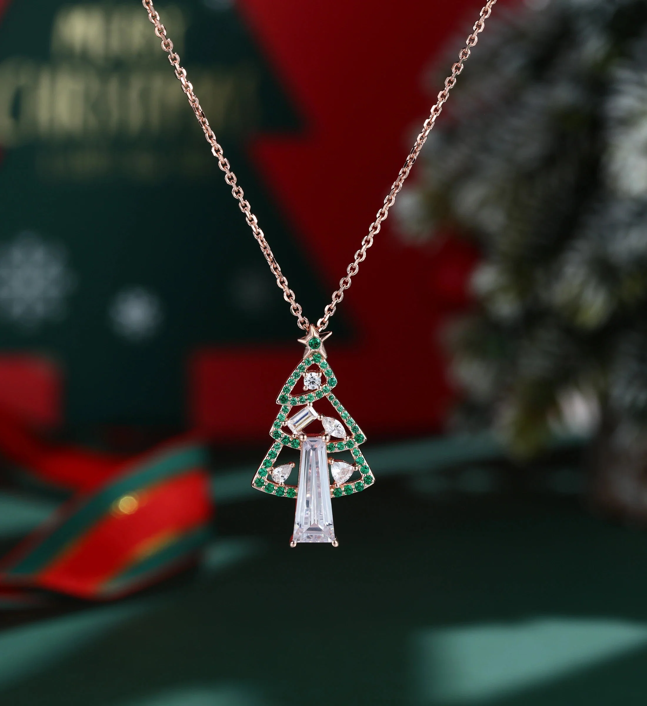 Christmas Tree Pendant Necklace with Moissanite + Lab Emerald Halo Accents - Image 4