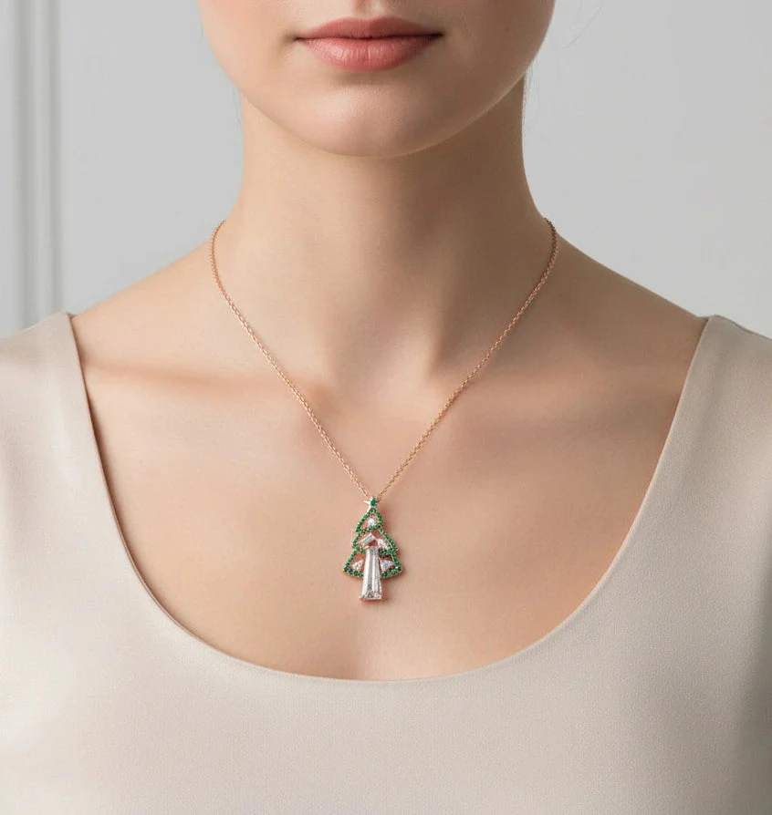Christmas Tree Pendant Necklace with Moissanite + Lab Emerald Halo Accents - Image 5