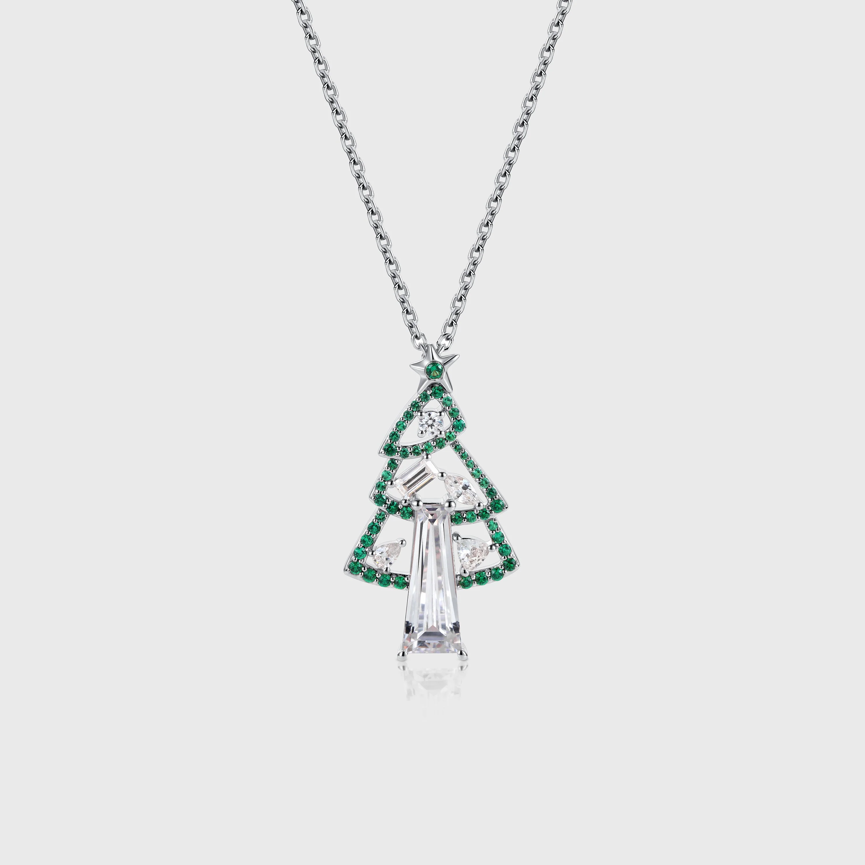 Christmas Tree Pendant Necklace with Moissanite + Lab Emerald Halo Accents - Image 6