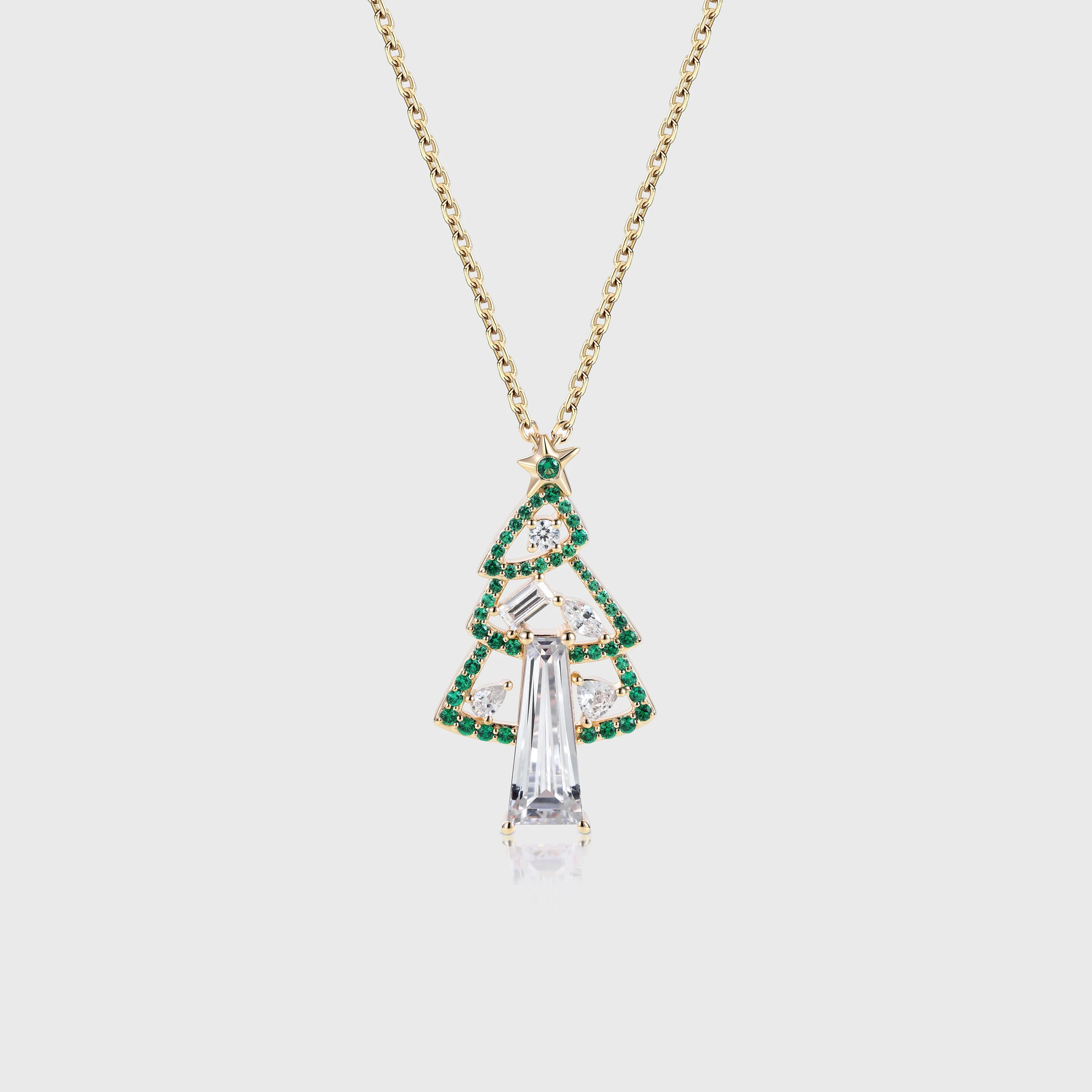 Christmas Tree Pendant Necklace with Moissanite + Lab Emerald Halo Accents - Image 7