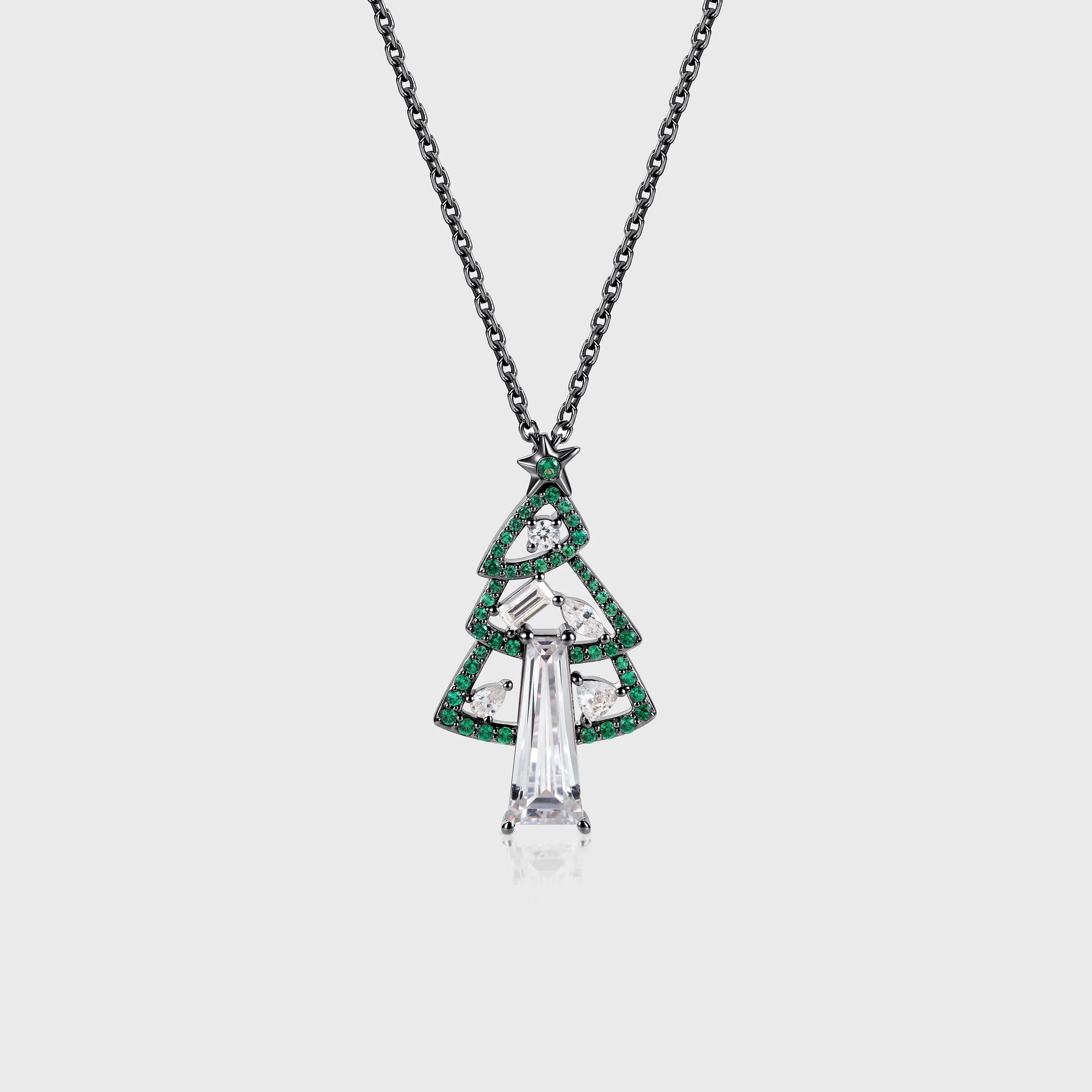 Christmas Tree Pendant Necklace with Moissanite + Lab Emerald Halo Accents - Image 8