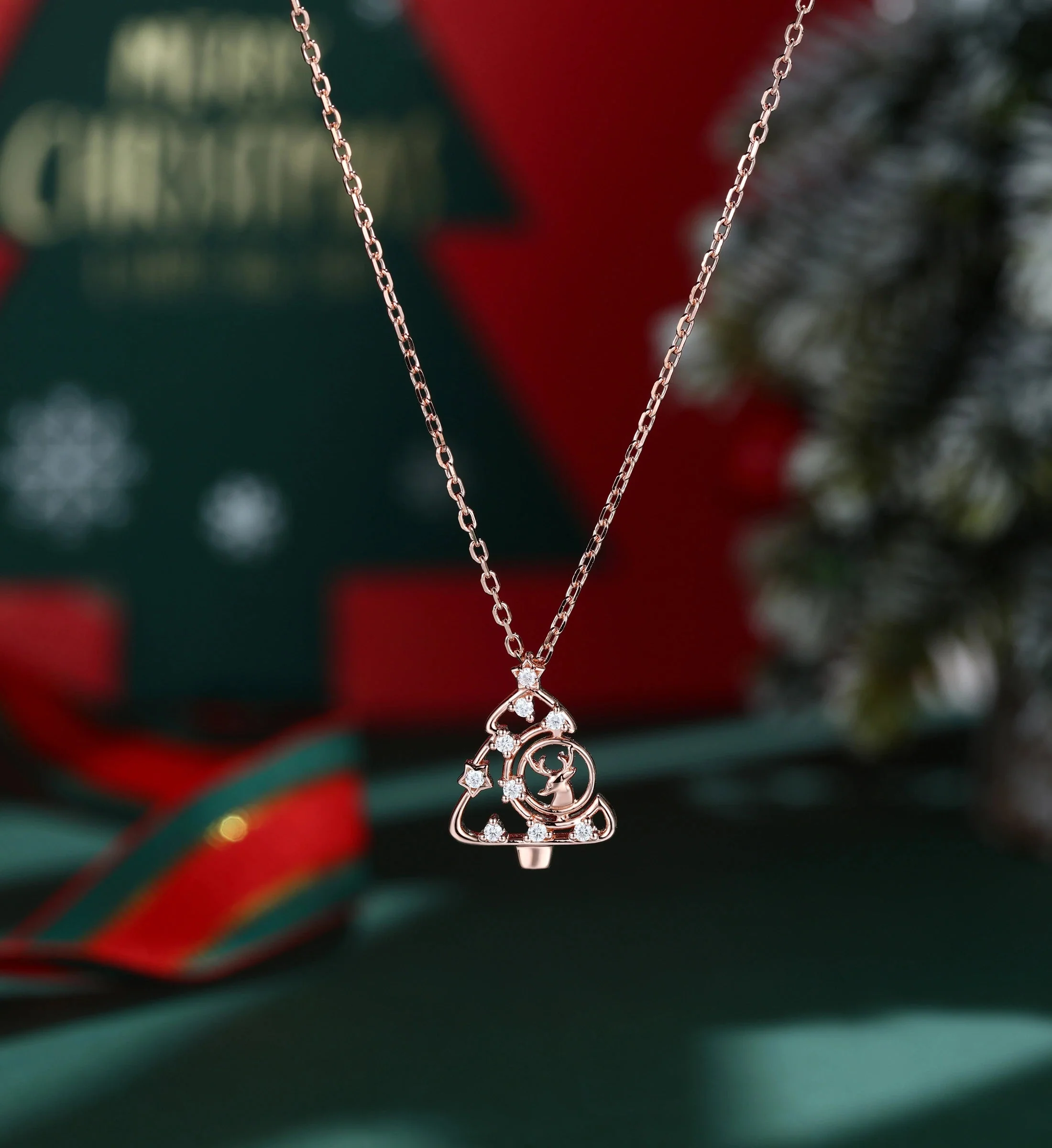Christmas Tree Pendant Necklace with Moissanite or Diamonds Halo Accents - Image 4