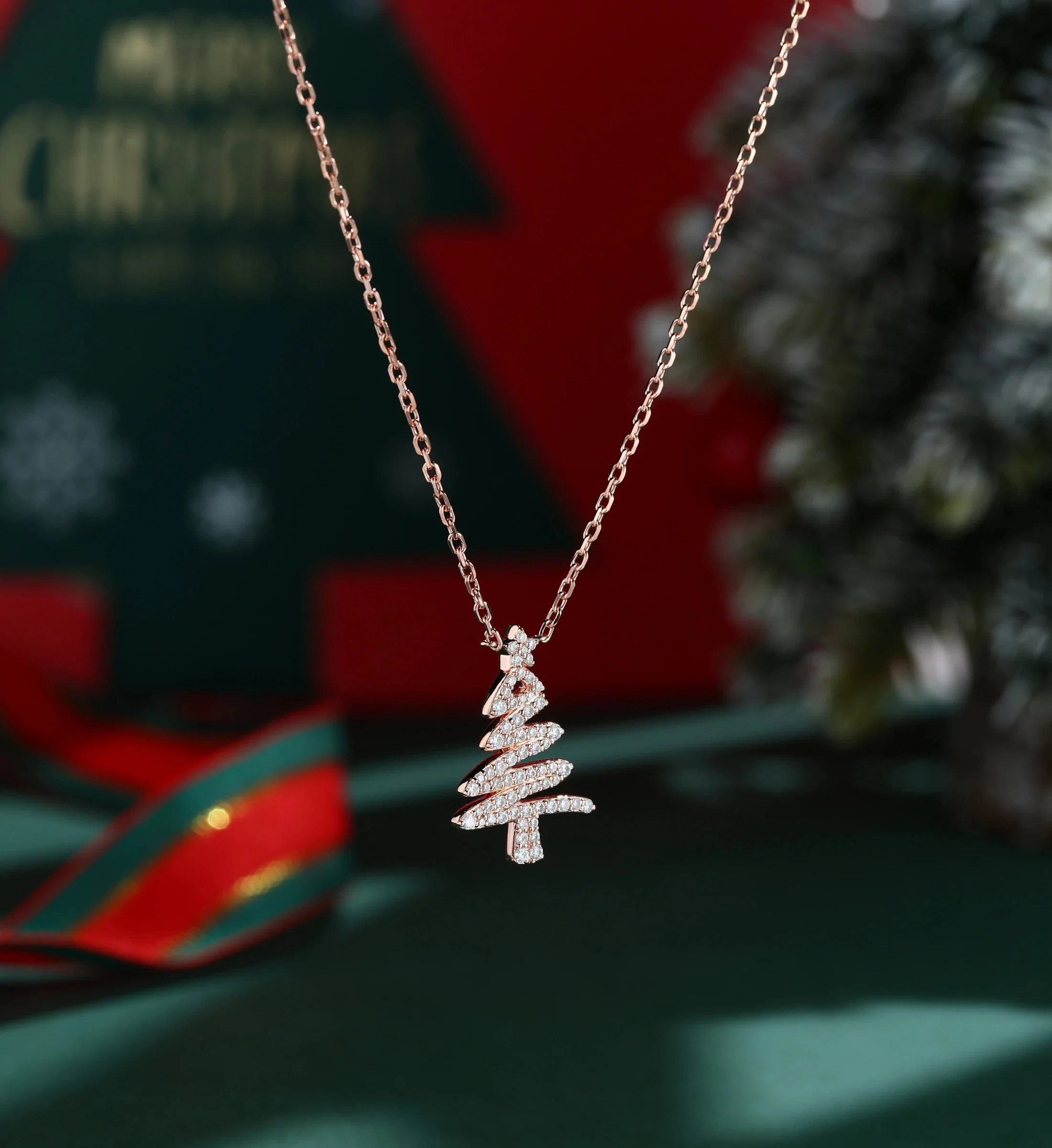 Christmas Tree Pendant Necklace with Moissanite or Diamonds Halo Accents - Image 3