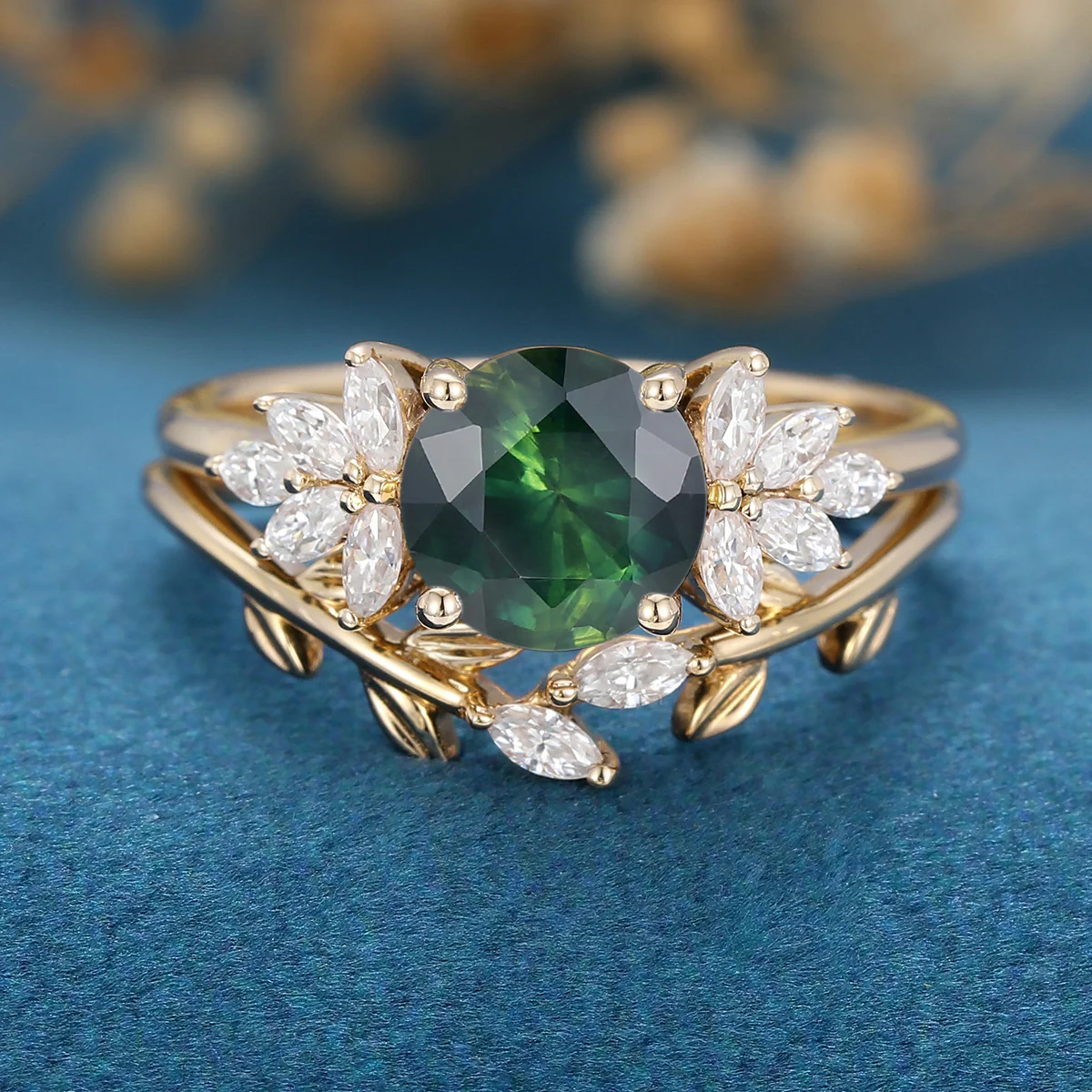 Round cut Blue green sapphire Engagement ring Bridal Set - Image 3