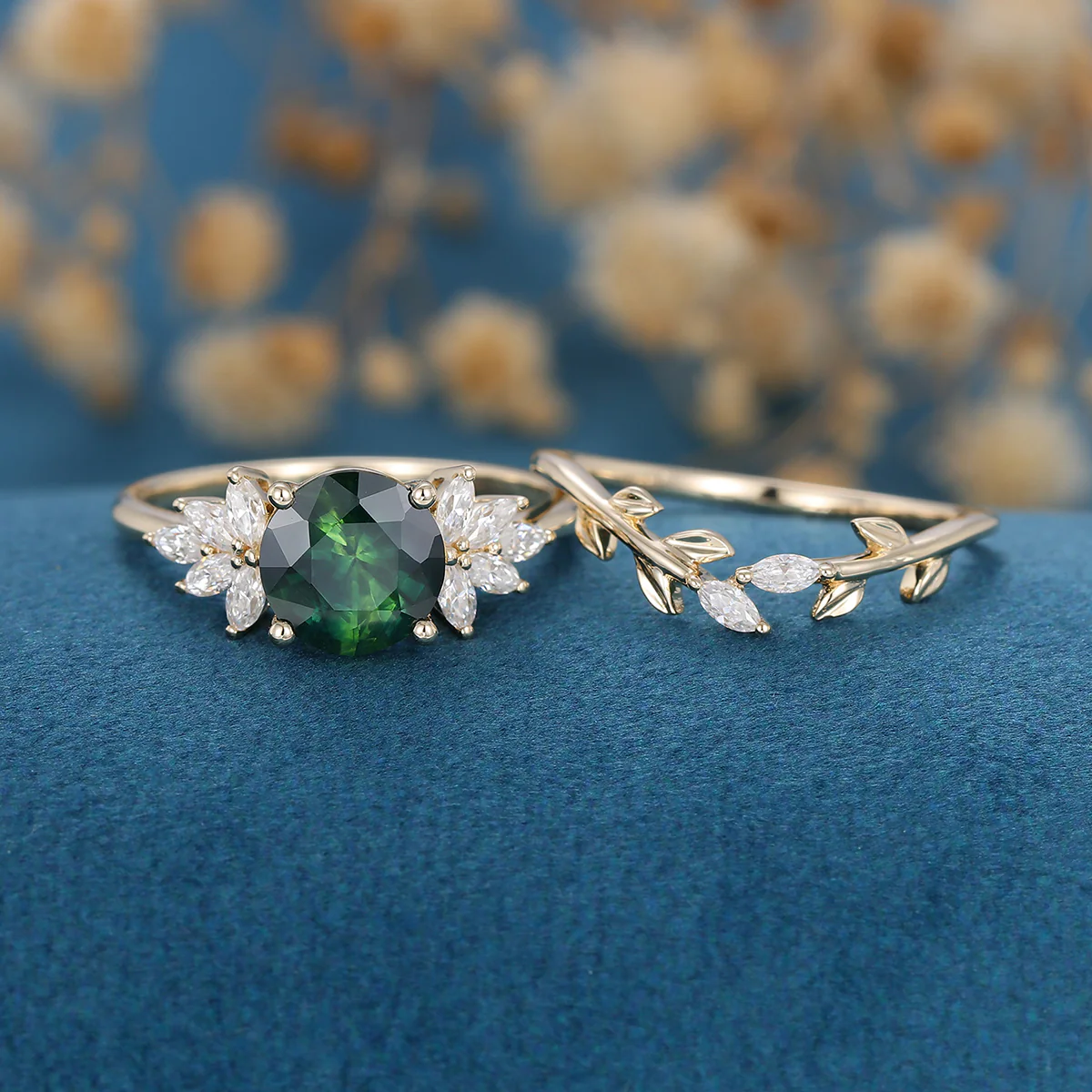 Round cut Blue green sapphire Engagement ring Bridal Set - Image 4