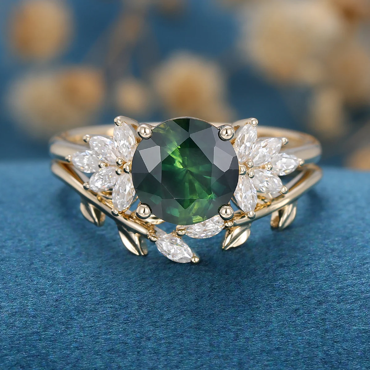 Round cut Blue green sapphire Engagement ring Bridal Set - Image 5