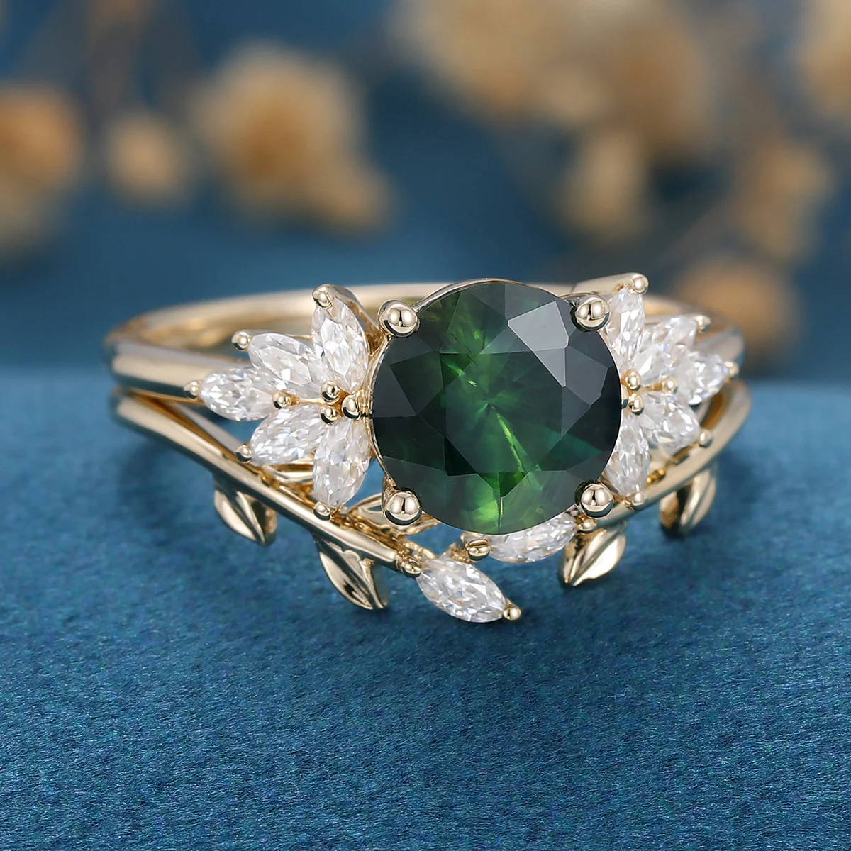Round cut Blue green sapphire Engagement ring Bridal Set - Image 6
