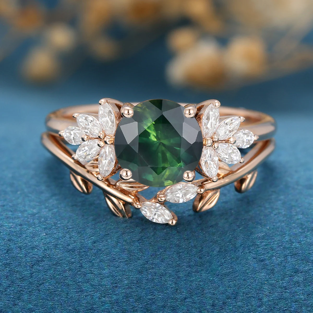 Round cut Blue green sapphire Engagement ring Bridal Set - Image 7