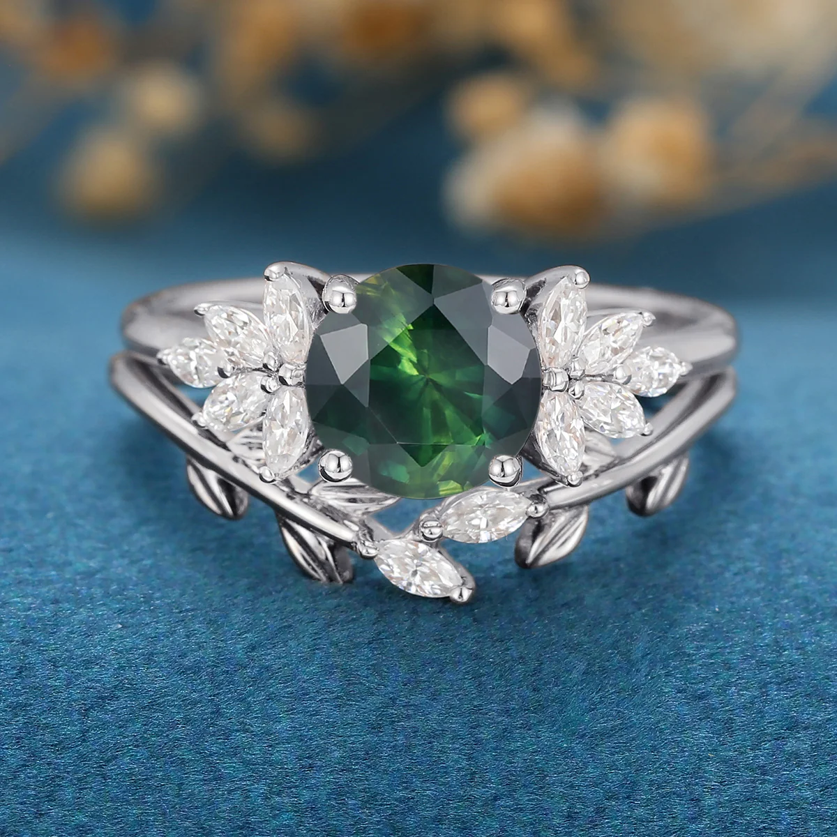 Round cut Blue green sapphire Engagement ring Bridal Set - Image 8
