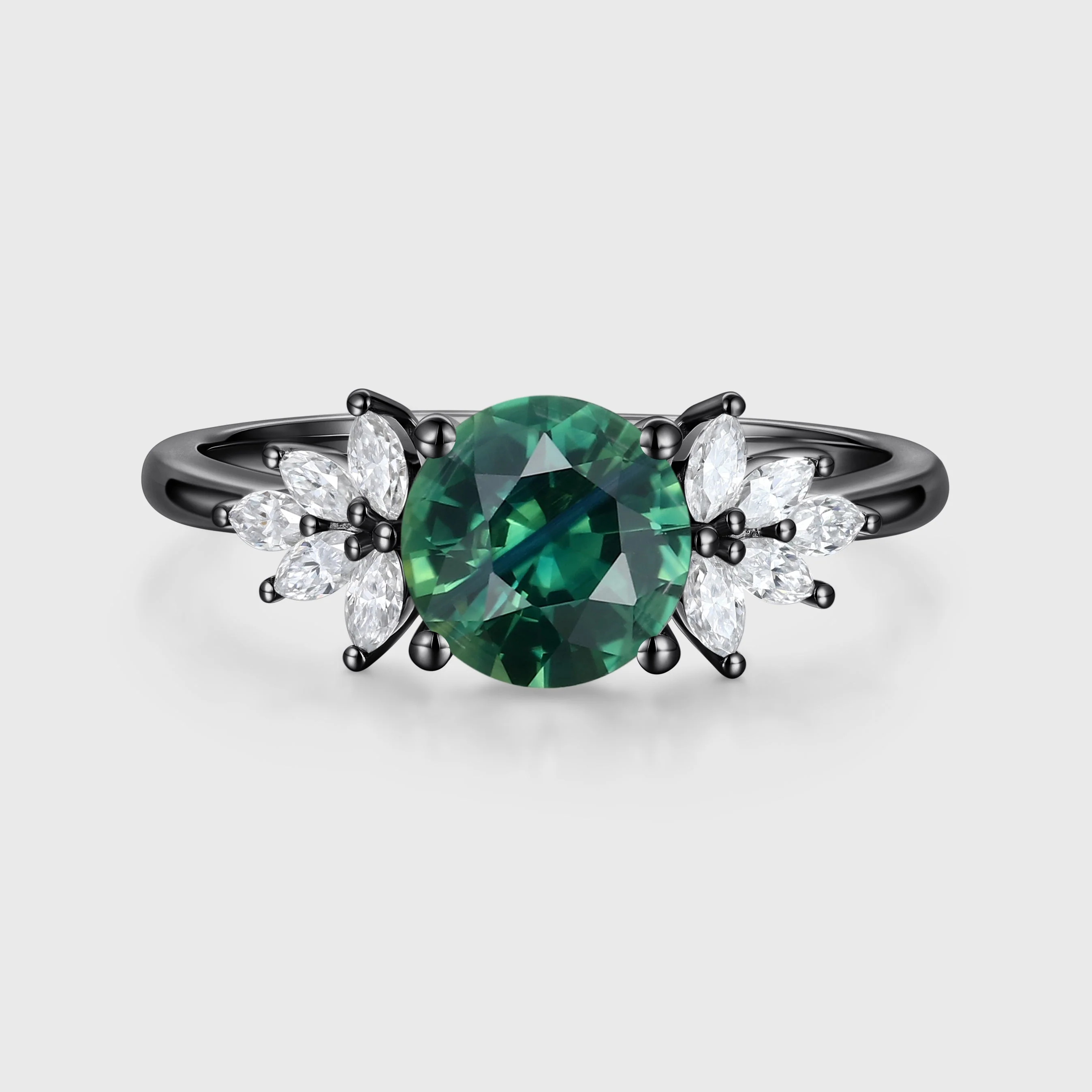 Round Blue green sapphire Cluster Engagement ring - Image 3