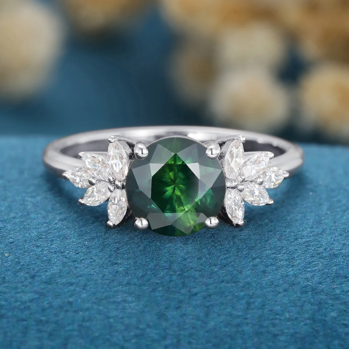 Round Blue green sapphire Cluster Engagement ring - Image 5