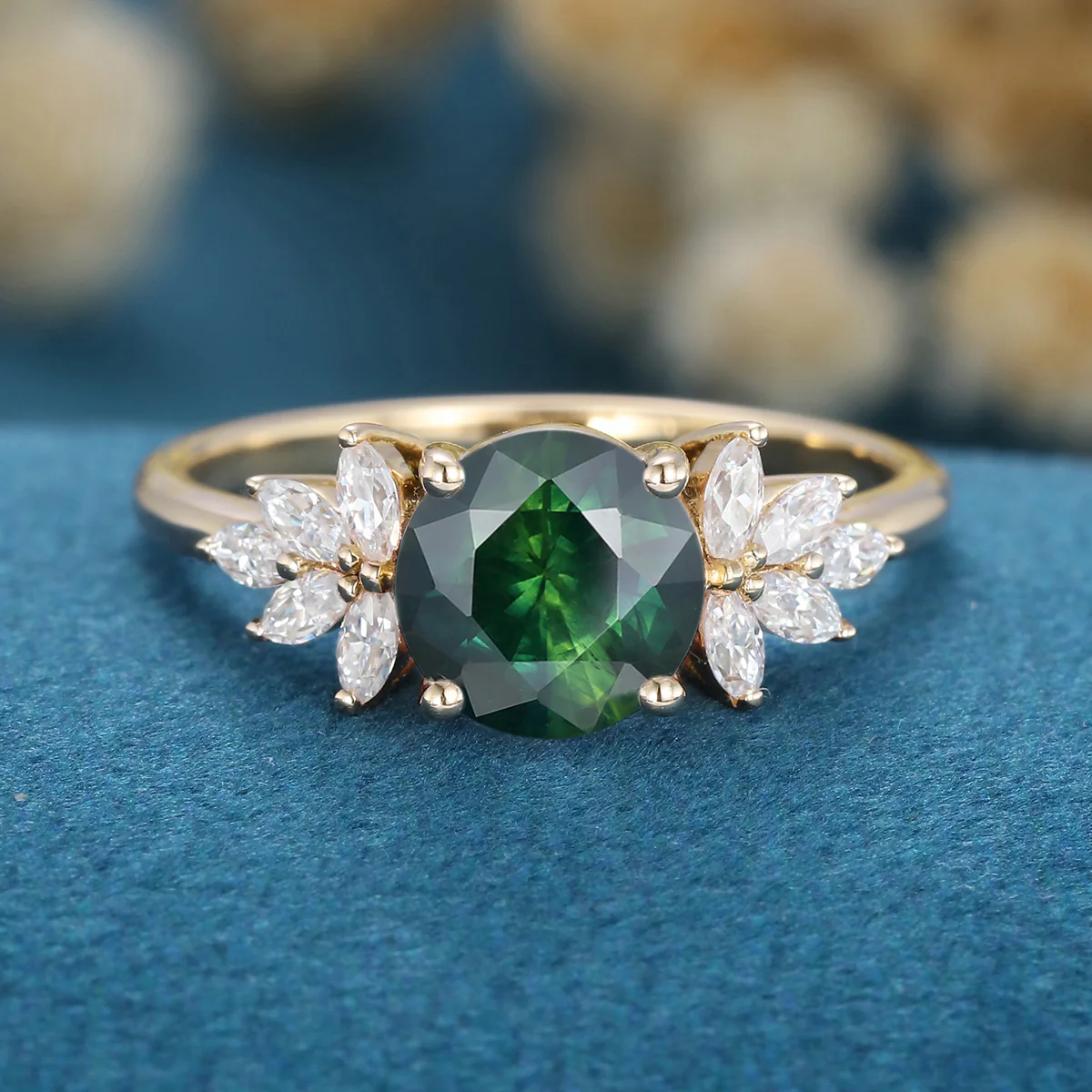 Round Blue green sapphire Cluster Engagement ring - Image 6