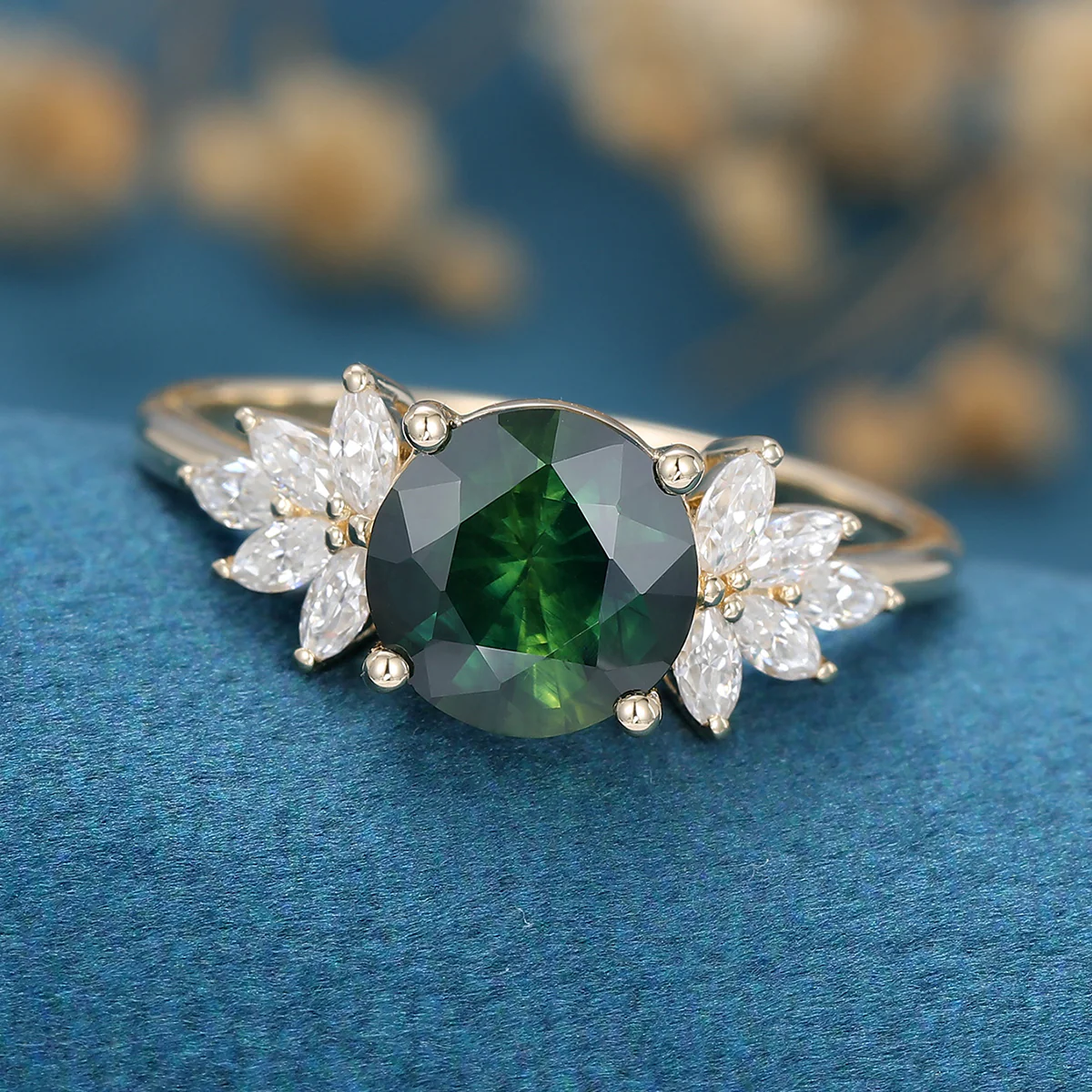 Round Blue green sapphire Cluster Engagement ring - Image 7